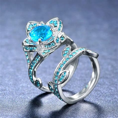 Luxury Female Light Blue Wedding Ring Set Fashion Love Engagement Ring