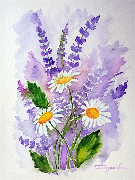 Daisies Watercolor Wildflower Painting Flowers Field Lavender Etsy