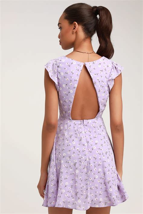 Cute Lavender Floral Print Dress Backless Dress Skater Dress