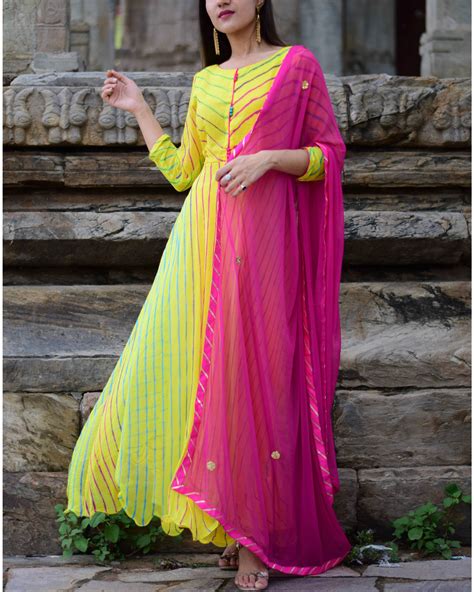Yellow Striped Anarkali With Dupatta By Rangpur The Secret Label