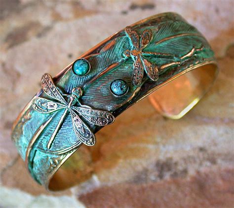 Elaine Coyne Patina Dragonflies On Feather Wearable Art Cuff Bracelet