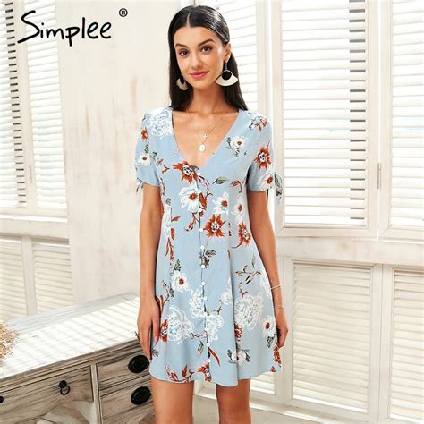 Buy Simplee V Neck Button Summer Dress Women Tie Up