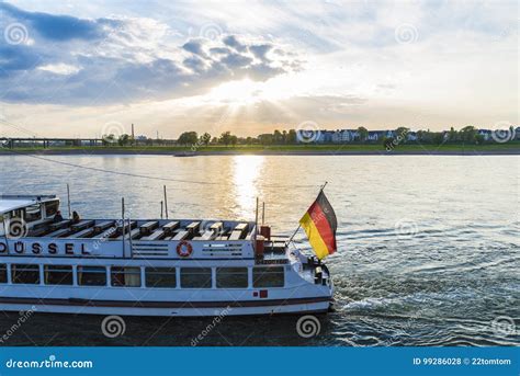Tour Ship Sailing On The Rhine River At Dusk In Germany Editorial Stock