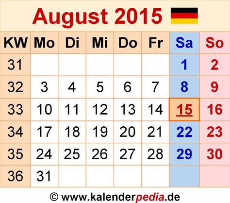 Kalender August 2015 als PDF-Vorlagen