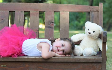 Hd Wallpaper Girl Lying On Brown Bench Beside Bear Plush Toy At