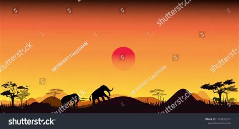 Silhouettes Wild African Elephant Sunset Safari Stock Vector Royalty