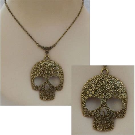 Gold Sugar Skull Pendant Necklace Jewelry Handmade New Day Of The Dead