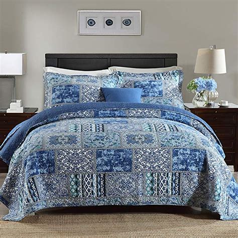 newlake cotton bedspread quilt sets reversible patchwork coverlet set blue classic bohemian