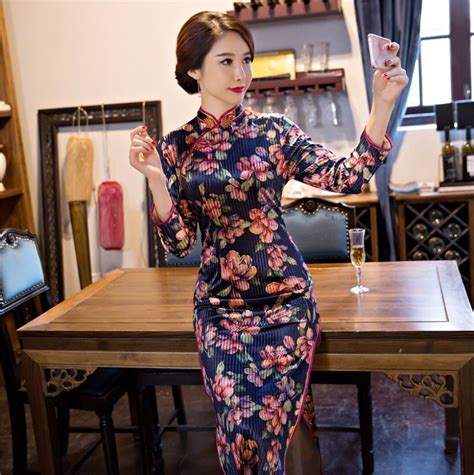 Shanghai Story Long Cheongsams Qipao Dress Seven Quarter Sleeve Chinese Traditional Dress