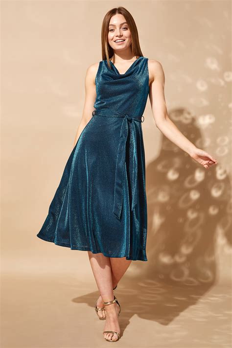 sparkle cowl neck fit and flare dress in teal roman originals uk