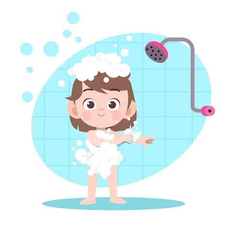 Personagem De Menina Pequena Criança Tomar Um Banho Rotina Diária