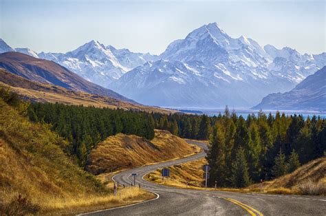 Mount Cook National Park New Zealand Mountain Road Trees Landscape