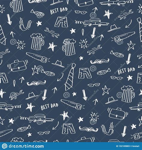 Seamless Pattern Of Fathers Day Hand Drawn Icons Set On Dark Blue