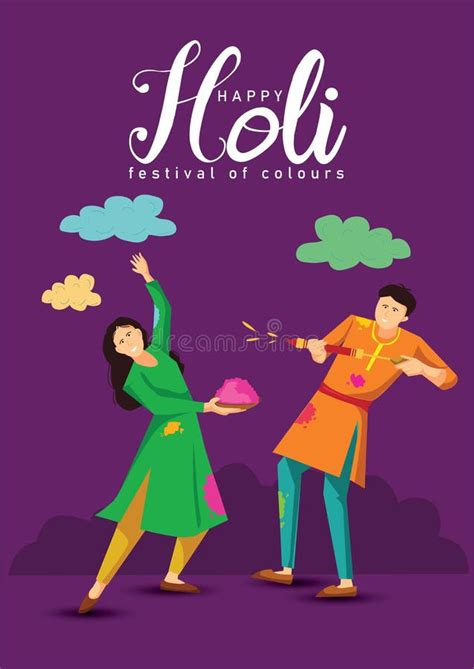 Happy Holi Indian Festival Cartoon Young Couple Playing Holi On
