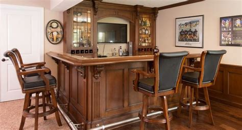 Irish Pub Style Inspired Home Bar With A Clipped Angled Corner And
