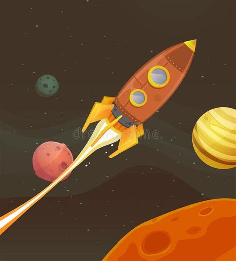Rocket Ship Flying Through Space Illustration Of A Cartoon Retro Red