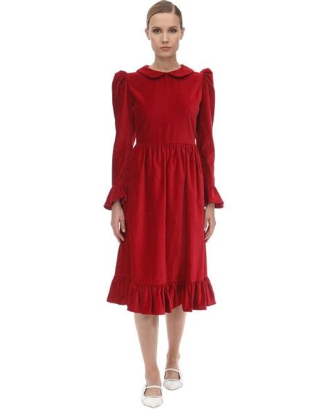 Batsheva Ruffled Velvet Midi Dress In Red Lyst