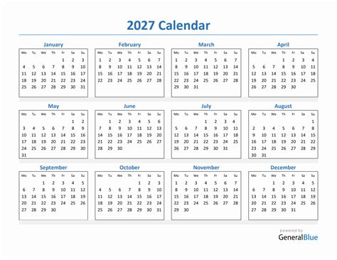 2027 Simple Yearly Calendar Pdf Excel Word