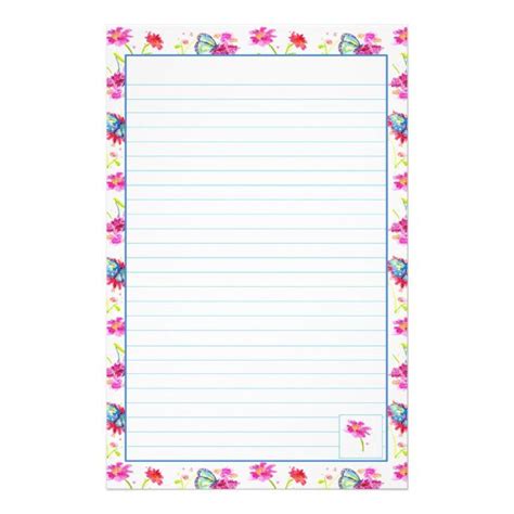 Blue Butterfly Pink Watercolor Flowers Lined Stationery Zazzle Pink