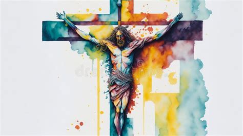 Jesus Christ Crucified On Cross In Abstract Watercolor On White