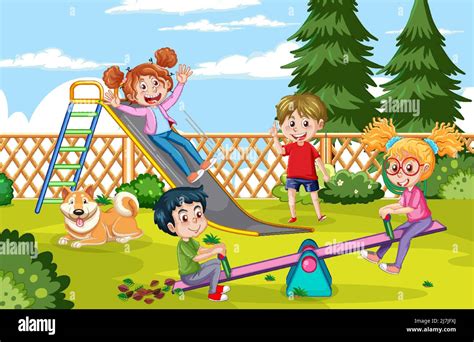 Happy Children Playing At Playground Illustration Stock Vector Image