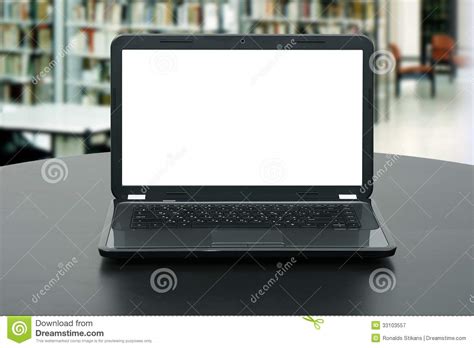 Laptop With Blank Screen On The Table In Library Stock Image Image Of