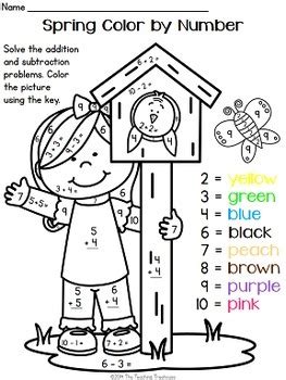 Welcome to our kindergarten subtraction worksheets page. Spring Color by Number ~ Addition & Subtraction Within 10 ...