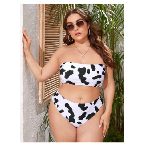 Eugris Plus Cow Print Bandeau Bikini Swimsuit Xl