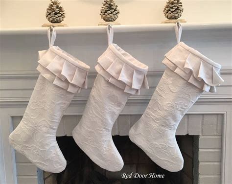 White Matelasse Christmas Stocking Linen Chenille Ruffle Girl Etsy