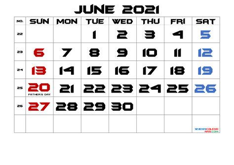 June 2021 Printable Calendar With Holidays 6 Templates