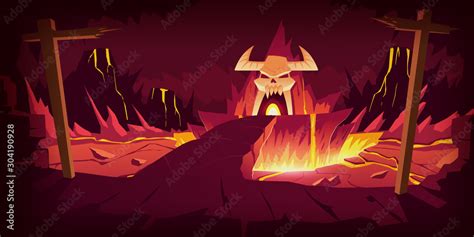 Hell Landscape Cartoon Vector Illustration Infernal Stone Cave And