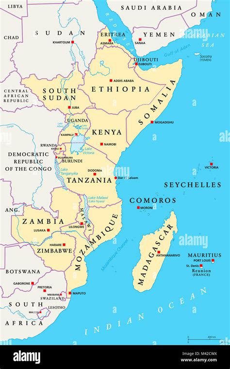 East Africa Region Political Map Area With Capitals Borders Lakes