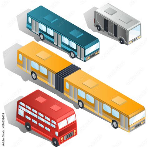 Set Of Various Passenger City Buses Isometric Projection Vector