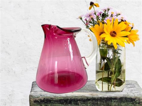 Vintage Pink Glass Pitcher W Clear Handle Blown Glass Hallmarked Cg