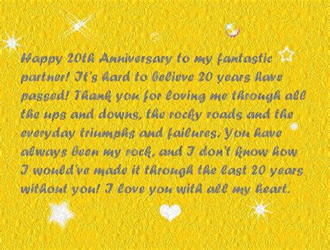 China is traditional and platinum is considered modern, but the 20th year of marriage is a big milestone; Happy 20th Anniversary Quotes Wishes and Images | Words of Wisdom - Wikitanica