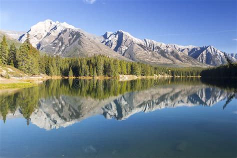 Mountain Range And Green Forest Reflected In Calm Treelined Lake Water