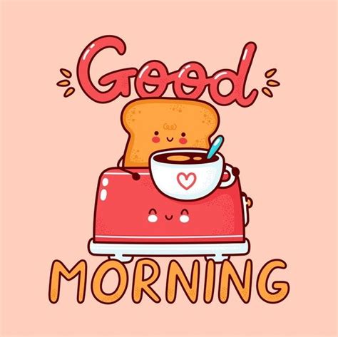 Cute Happy Toast With Coffee Mug In Toaster Flat Line Cartoon Kawaii