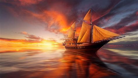 Hd Wallpaper Sea Sunset The Ocean Ship Sailboat Wallpaper Flare