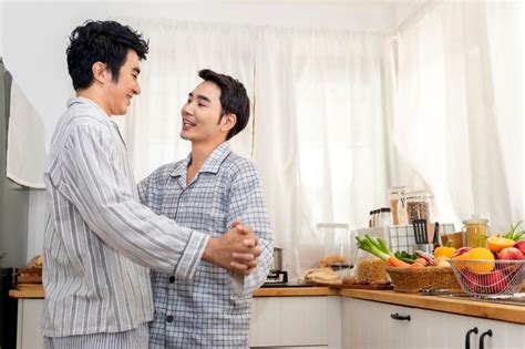 Premium Photo Asian Homosexual Couple Hug And Kiss At Kitchen In The Morning
