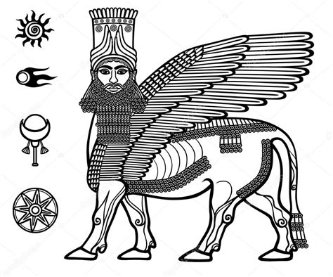 Az asszír mitikus istenség Shadu képe a fej személy szárnyas bika