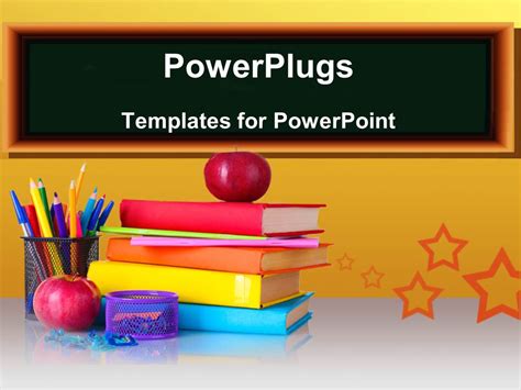 Powerpoint Template A Number Of Books And Color Pencils With Apples 7948