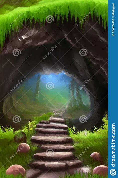 Cave Entrance With Stairs And A View On A Fantasy Landscape Stock