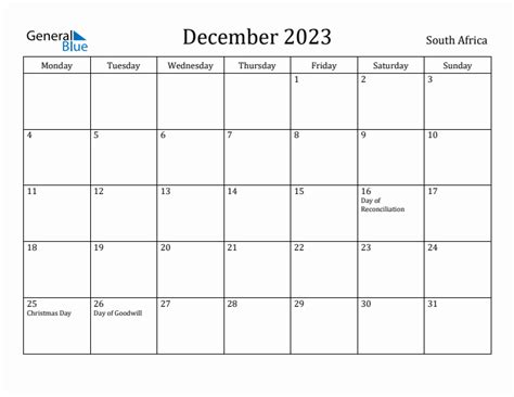 December 2023 South Africa Monthly Calendar With Holidays