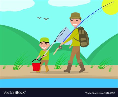 Cartoon Father And Son Go On Fishing Trip Vector Image
