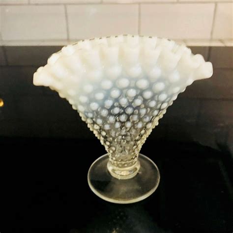 Fenton Hobnail 1950 S White Clear Glass Miniature Vase 4 Tall Opalescent Rim Collectible