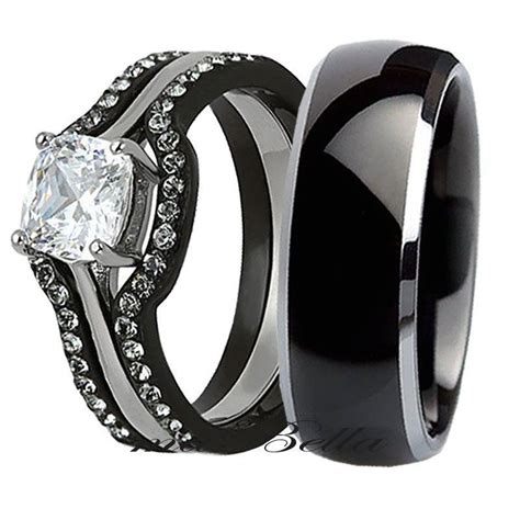 Black Wedding Bands For Her New His Tungsten Her 4 Piece Black Stainless Steel Wedding Of Black Wedding Bands For Her 