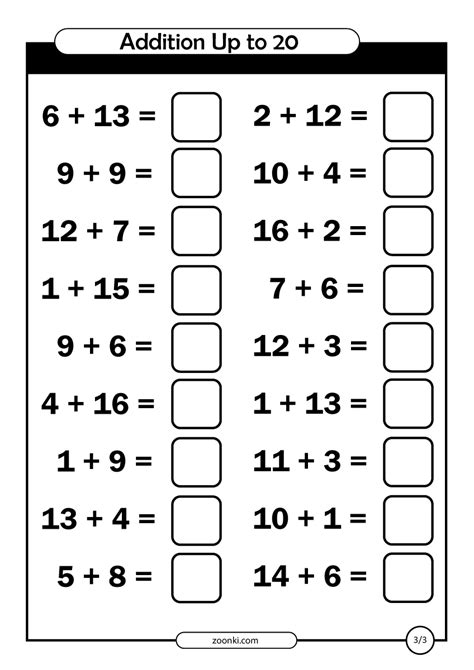 Math Exercise Addition Up To 20