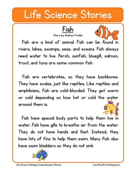 1st grade, 2nd grade, kindergarten science worksheets: Reading Comprehension Worksheet - Fish