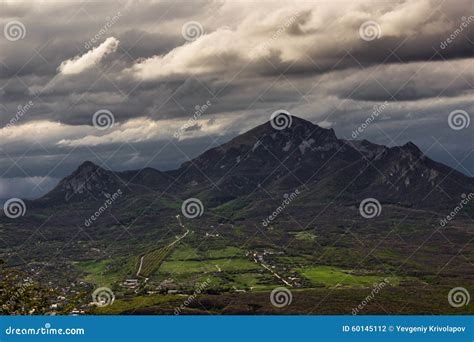 Three Mountain Peaks Around The Green Valley Stock Photo Image Of