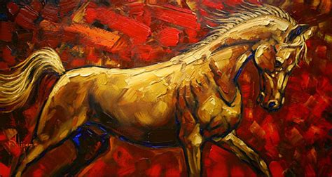 Red Background Golden Horse Oil Painting On Canvas For